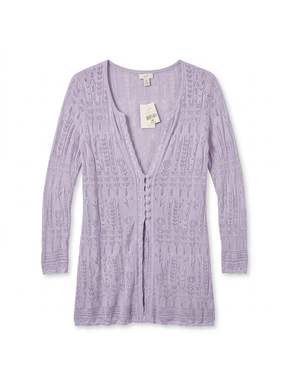 NWT 100% Silk Crochet J. Jill  Lavender Lace Silk Open-Front Duster Cardigan |